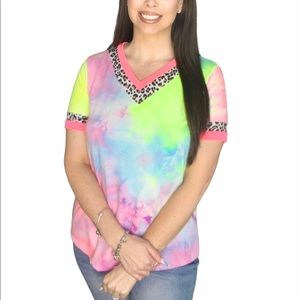 New neon tie dye leopard vneck top shirt